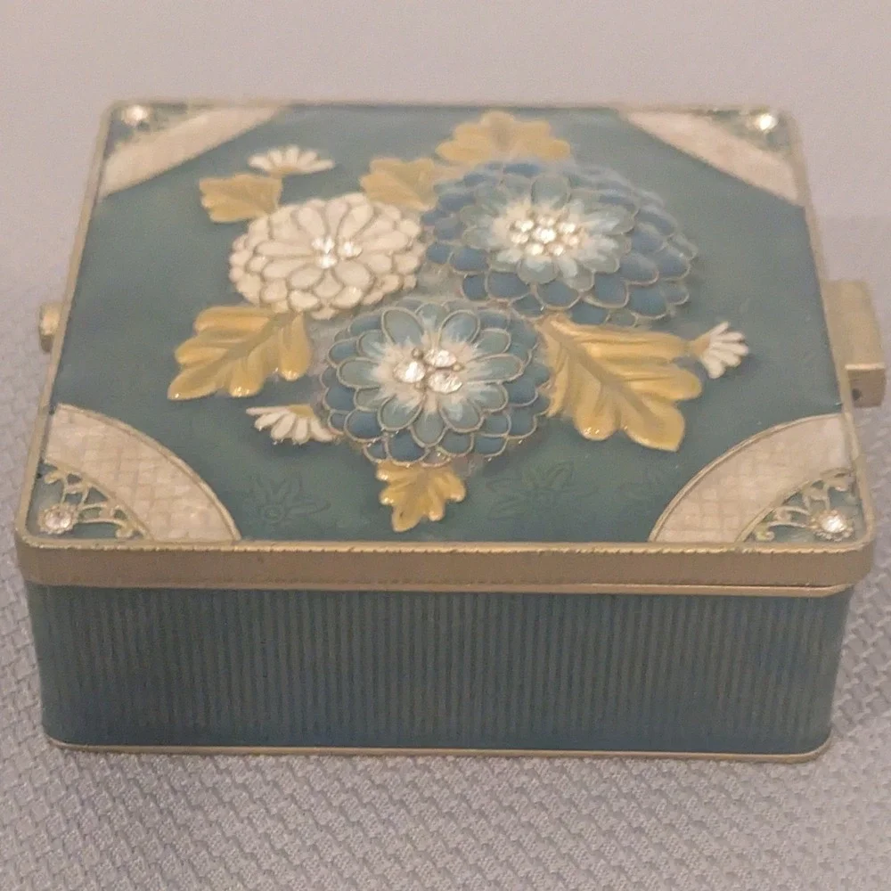 Vintage Enamel Floral Trinket Box Teal Rhinestone Inlay Mirrored Jewelry Case